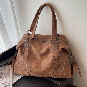 Classic Vintage Wash Brown Vegan Leather Studded Large Tote Shoulder Bag